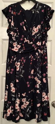 Jessica Howard Dress 16 Navy Pink Floral Faux Wrap Midi Maxi BK4M1916 Stretch - Image 1 of 4