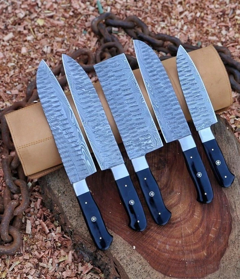 Handmade Damascus Steel Chef Knife Set (5 Pc) | Kitchen Gift for Him