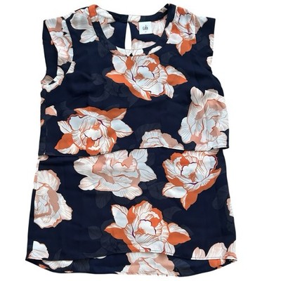 Cabi Blouse Womens XS Navy Floral Sleeveless Layered Top Cap Sleeve Dressy