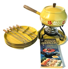 Mustard Yellow Fondue Pot w Stand Burner Holder Plates Forks Recipe Book 70s Vin