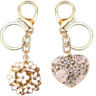 Flowers Ball Keychain and Sweet Love Heart Rose Flower Crystal Keyring 2 Piec...