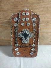  Montana West Brown Genuine Leather Rhinestone Cross Western Cell Phone Case 
