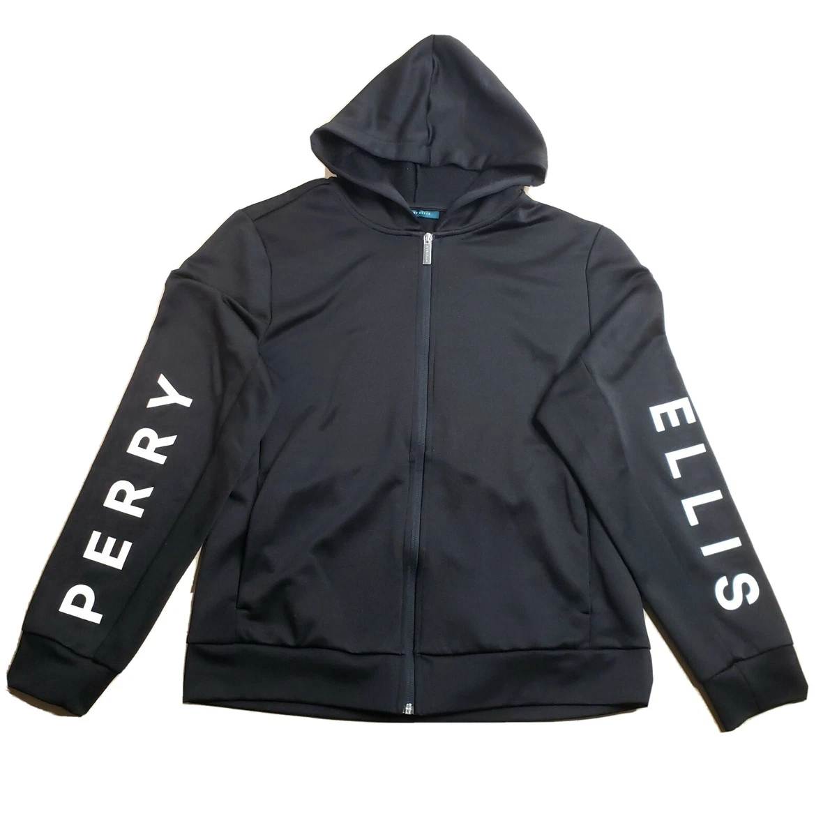 Men s M Perry Ellis Logo Hoodie Zip Up Black Pockets Sweater 100 Polyester