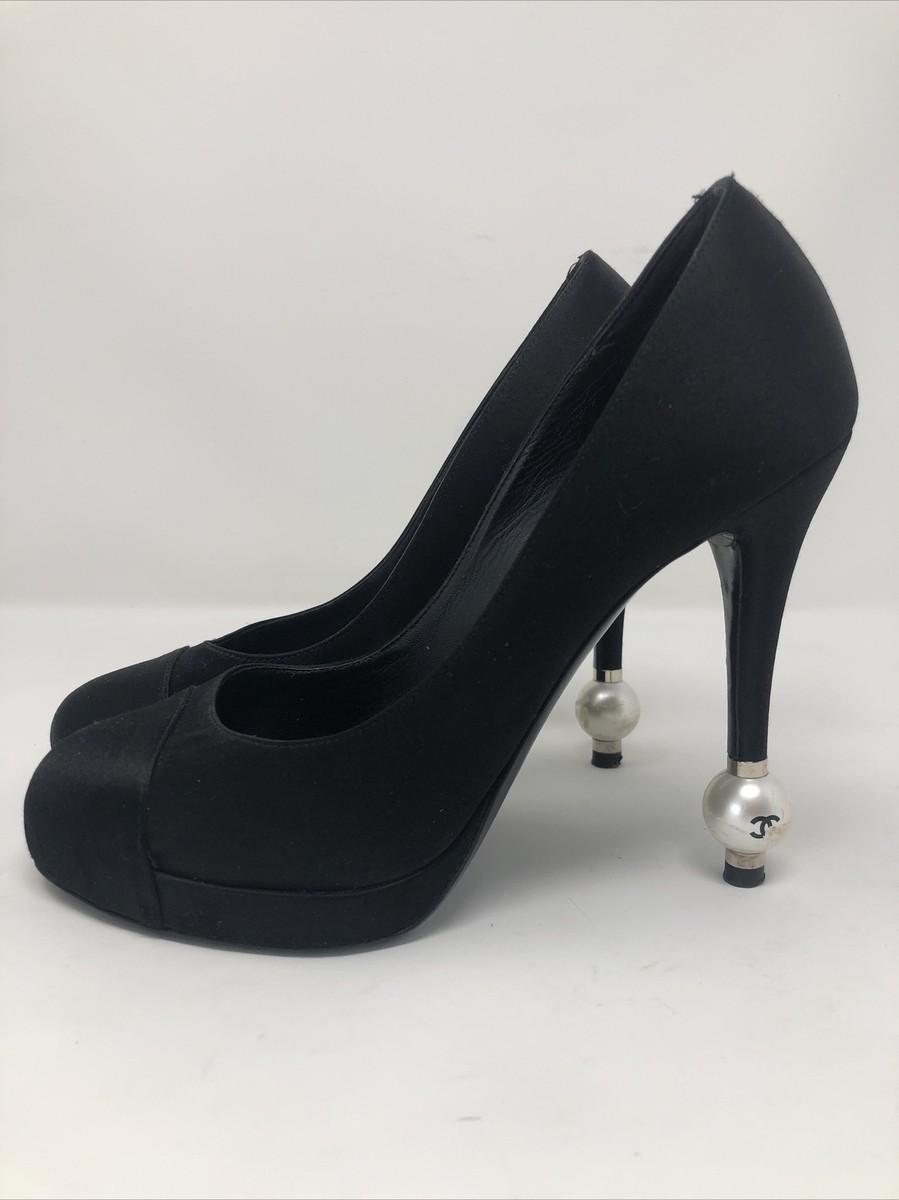 Chanel heels black satin whith pearl 8 | eBay Chanel heels black satin whith pearl 8 | eBay