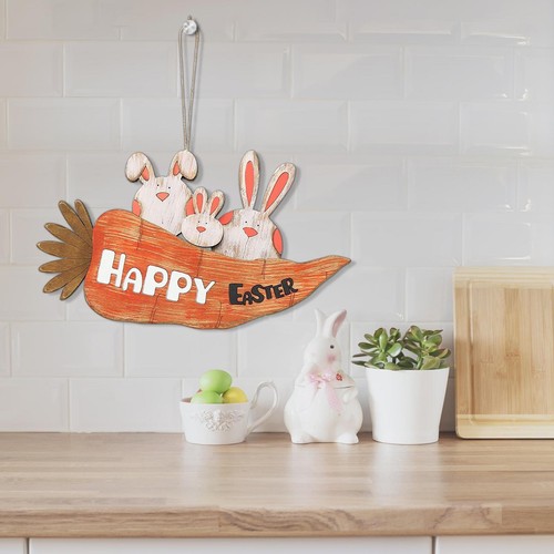 NEW Easter Hanging Wall Sign Rabbit Decor Bunny Door Carrot Happy Easter Spring - Picture 7 of 7