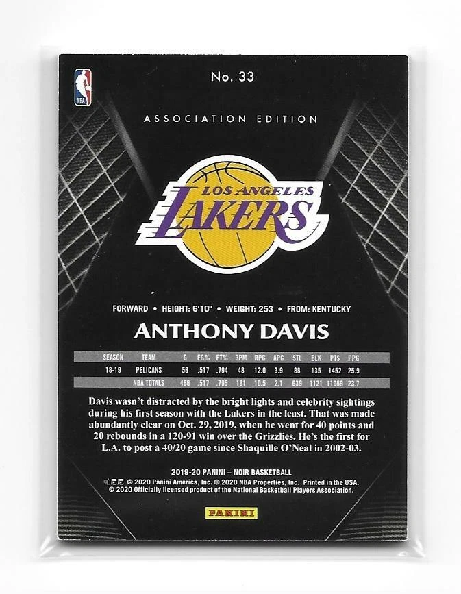 2019-20 Panini Noir ANTHONY DAVIS SP Base Silver Association Edition #d 15/99 - Image 2 of 2
