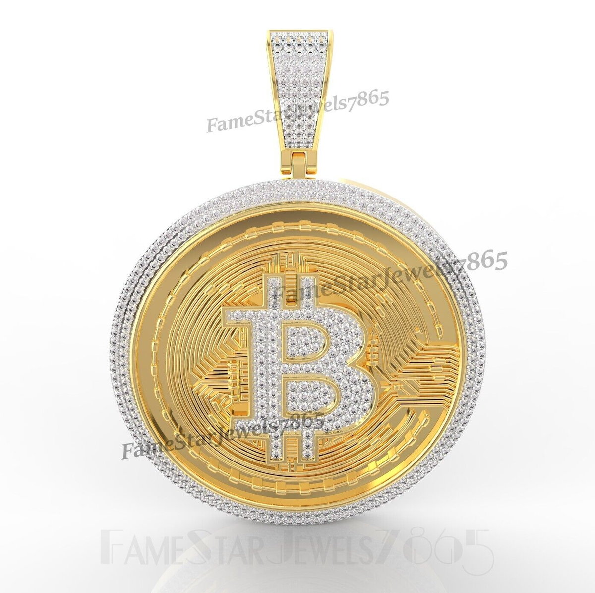 2.17Ct VVS1 Moissanite Bitcoin Cryptocurrency Pendant 14K Yellow Gold  Plated 925