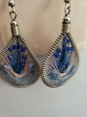 String Art Thread Blues Pink Blue Beads Teardrop Fish Hook Pierced