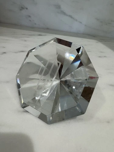 Vintage TIFFANY & CO. Clear Crystal Diamond Faceted Paperweight Engraved Award