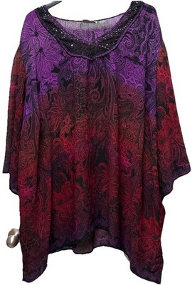 Avenue Womens 30/32 Tunic Red Purple Ombré Floral Paisley 3/4 Sleeve Boho Indie