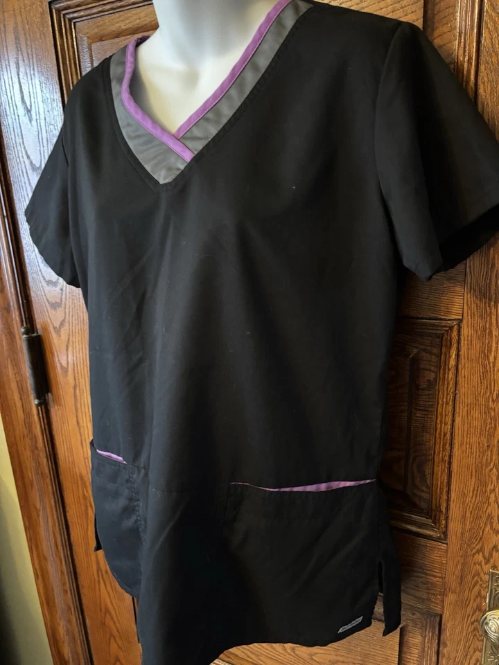 Blusa Médica Grey's Anatomy Negra Púrpura Color Bloque Cuello en V 2 Bolsillos, Para Mujer M Foto 2 de 4