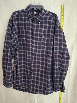 Tommy Hilfiger Men's XL Plaid Cotton Shirt Navy Red White Long Sleeve