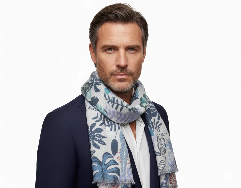 NUEVO CON ETIQUETAS BUFANDA KITON blanco floral modal 70x180 cm hecho a mano extraluxury Italia Foto 2 de 4