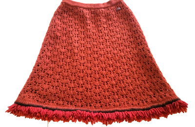 AUTH  IDENTIFICATION CHANEL SKIRT WOOL MOHAIR RUST RED FRINGE LOGO S/M