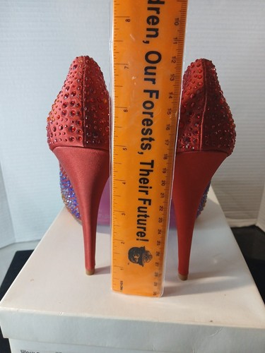 Sergio Zelcer Red Satin Would Style Size 8 Red Rhinstone High Heels Open Toe - Picture 24 of 24