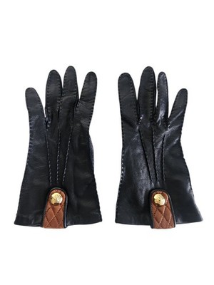 Vintage Portolano Black Leather Silk Lined Gloves Gold Lion Button Size Large