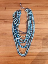 Statement Multi Strand Blue Teal Turquoise Silver Beaded Long Necklace
