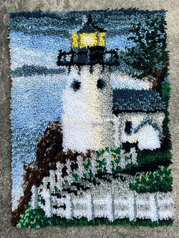 Vintage 1970s LIGHTHOUSE Latch Hook Wall Hanging Rug 28” x 20” Cottage Core