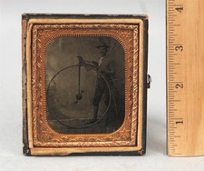 Antique 19thC Man with Penny Farthing High Wheel Bicycle Tintype Photograph, NR