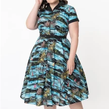 4X Unique Vintage Blue & Black Palm Tree Print Alexis Swing Hawaiian Shirtdress