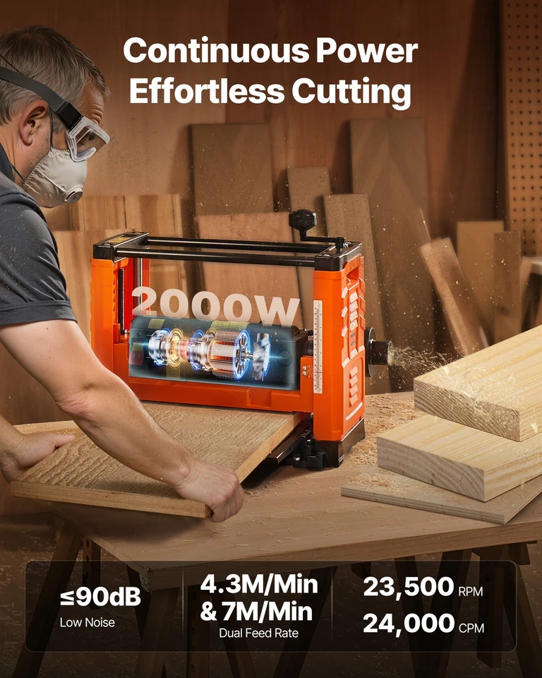 VEVOR Dickenhobel Hobelmaschine Hobel 2 Gang Tischhobel 3 Klingen 2000W 330mm - Bild 4 von 4