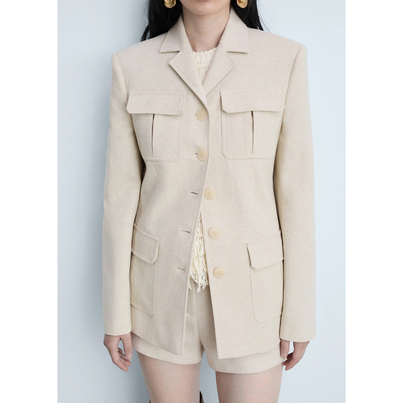 MANGO Linen Blend Utility Safari Blazer Jacket Beige Women Size XS