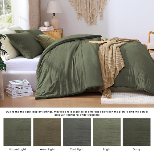 Queen Comforter Set - 3 Pieces Prewashed Olive Green Comforter Soft Lightweight  - Picture 4 of 12