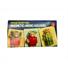 VTG Veggie Bear Trio Fridge Magnetic Memo Holders Carrot Apple Asparagus Magnets