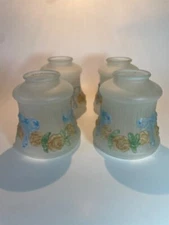 Set of 4 Antique Frosted White Glass Lamp Shades Multi Color Floral Design