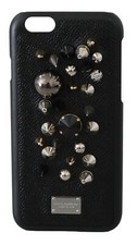 Funda protectora para teléfono DOLCE & GABBANA de cuero negra plateada con clavos para iPhone 6 $500