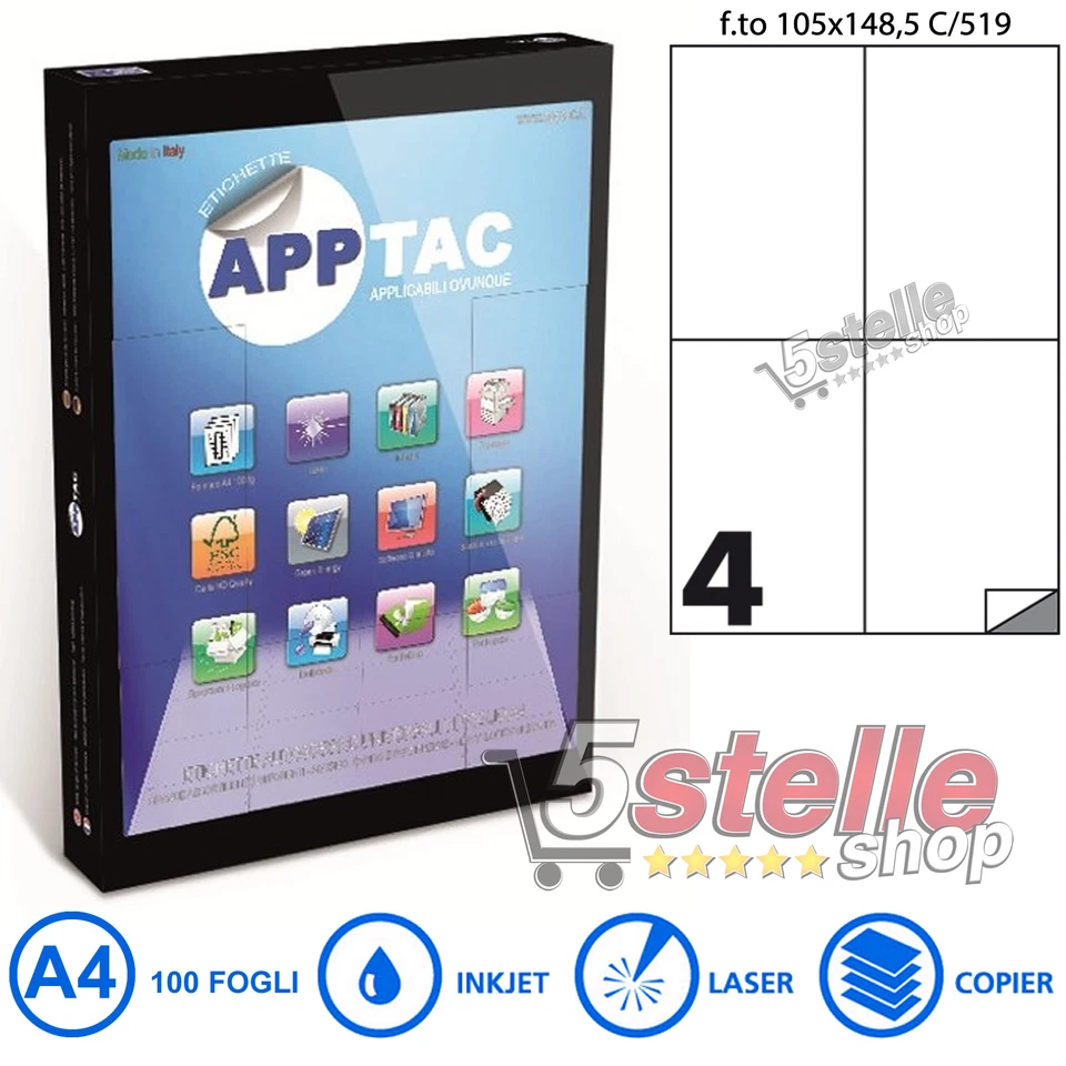 100 FOGLI A4 CARTA ADESIVA 400 ETICHETTE 105x148,5 mm APPTAC C519 INKJET LASER