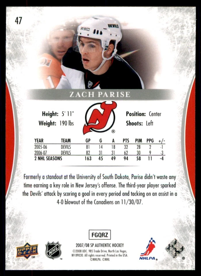 2007-08 SP Authentic Zach Parise #47 - Image 2 of 2
