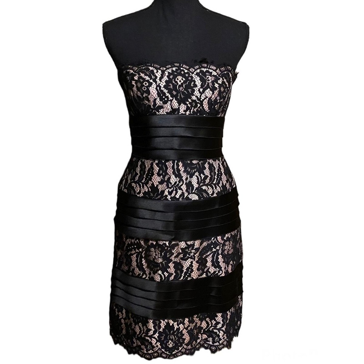 BCBGMaxAzria Lace Overlay Satin Stripe Strapless Formal Holiday Dress Women's 8 BCBGMaxAzria Lace Overlay Satin Stripe Strapless Formal Holiday Dress Women's 8