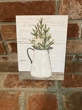 Primitive Rustic Country Farmhouse Winter Greenery and Pitcher Wooden Box Sign