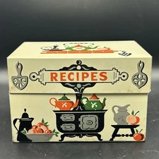 Vtg MCM Stylecraft Metal Recipe Box Cast Iron Stove Tea Kettle Fruit Bowl #805