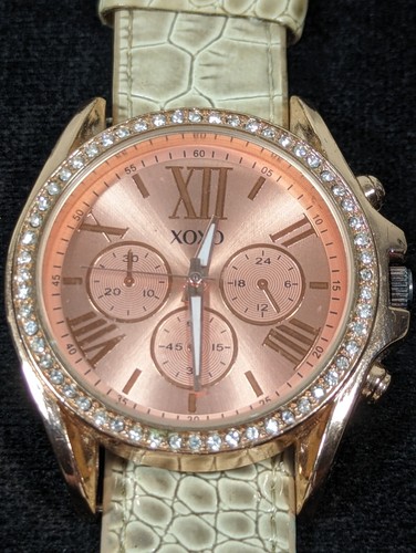 XOXO Rose Gold Tone Dial Crystal Accent Round Case Beige Band Watch