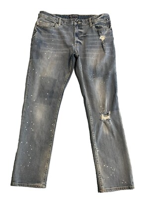 American Rag Jeans Mens 34x30 Blue Light Wash Low Rise Distressed Slim Straight