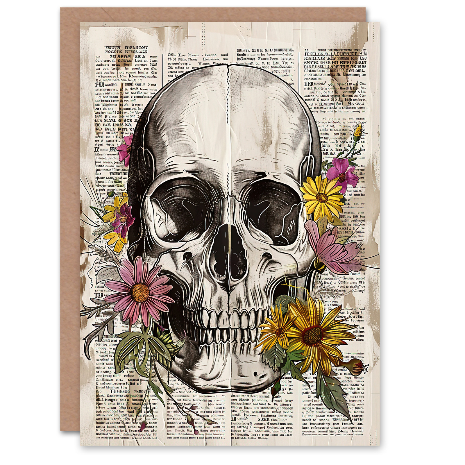 Greeting Card Skull with Daisies Book Page Mixed Media Upcycle Birthday