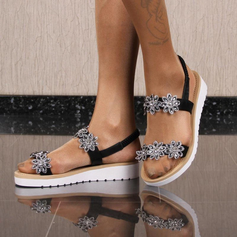 Flache Damen Sandalen mit Strasssteinen Schwarz #JBX-1 - Bild 4 von 4