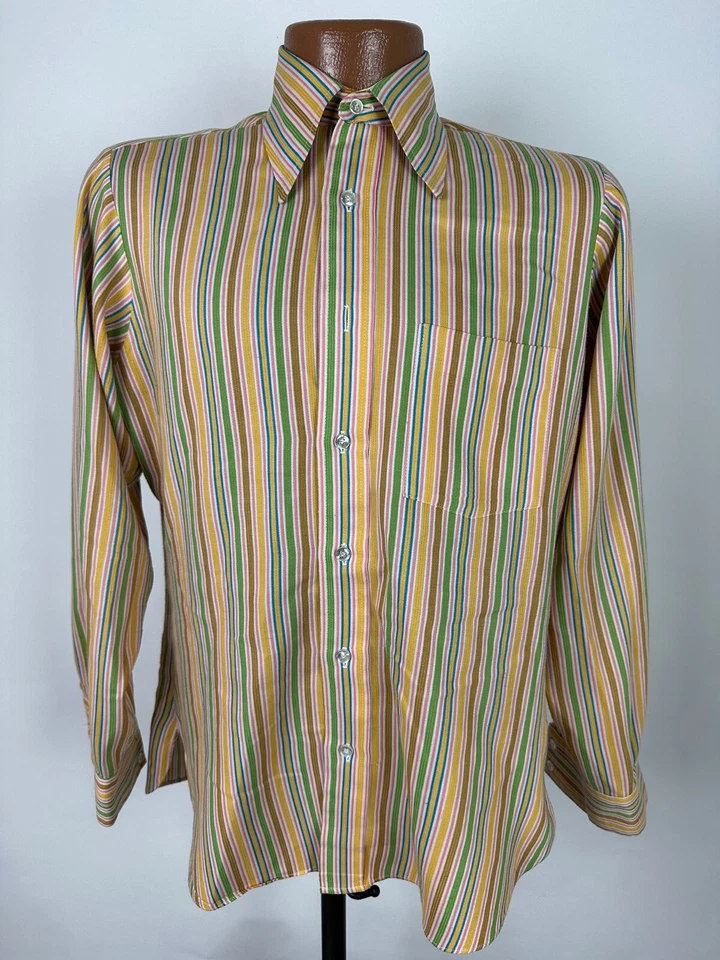 Vintage 60s Arrow Sanforized Shirt Men S Colorful Striped Long Sleeve Perma-Iron - Image 3 of 4