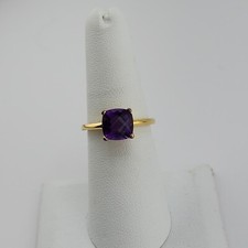 Yellow Gold Plated Sterling Silver Square Created Amethyst Solitaire Ring 7