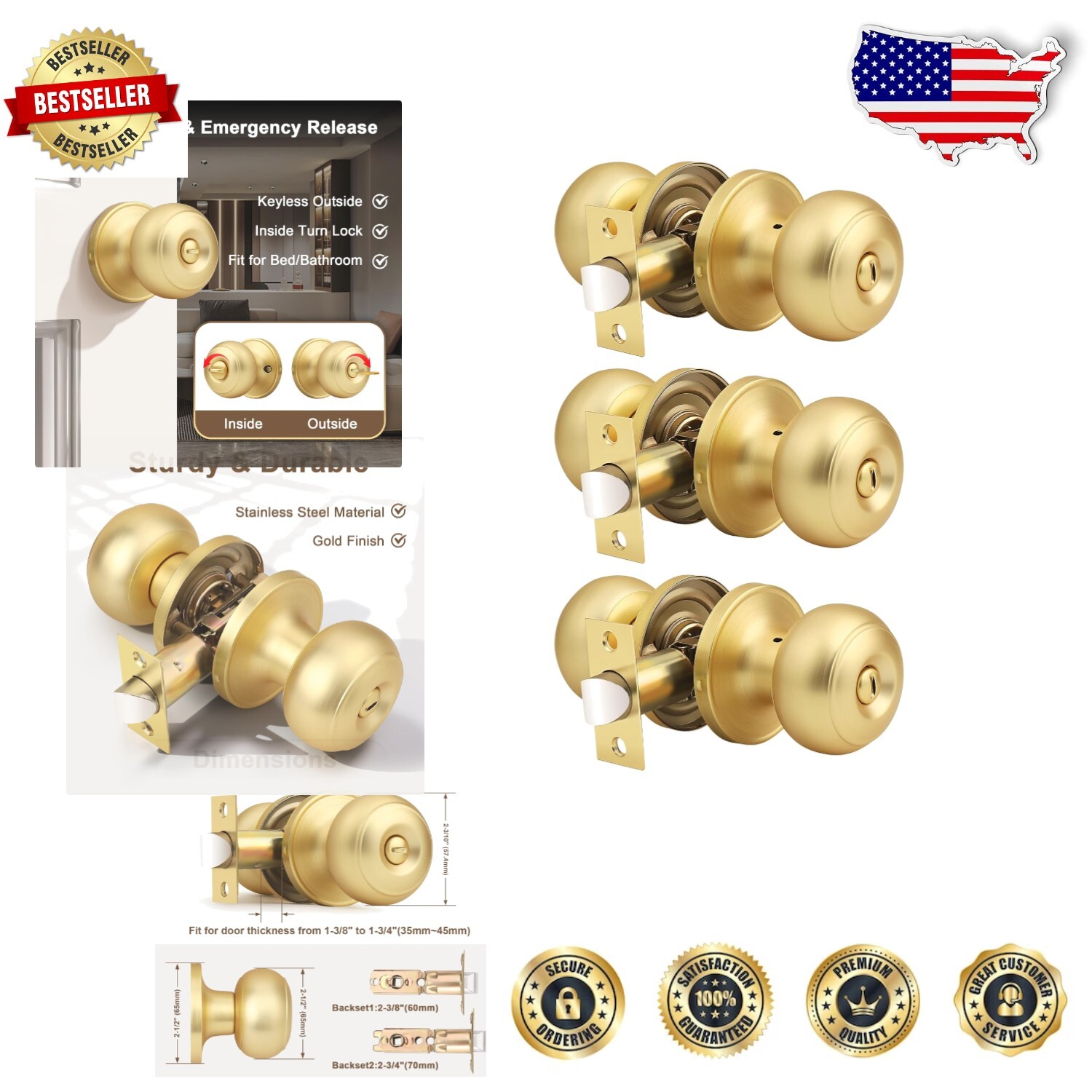 3-Pack Gold Keyless Privacy Door Knob Set for Bedrooms Bathrooms-image