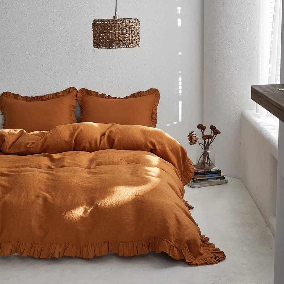 Elegante juego de funda nórdica con volantes marrón - 3 piezas, algodón prelavado, reina/rey/completo Foto 2 de 4