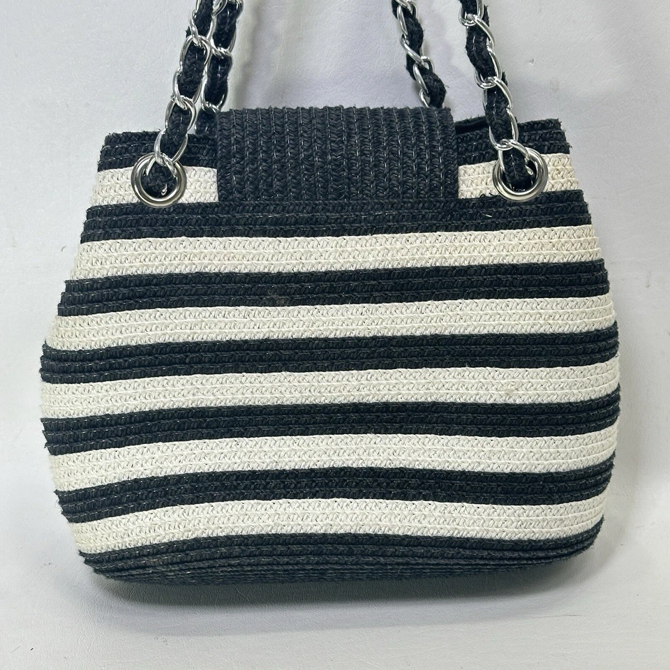 Magid Shoulder Handbag S Stripe Black White Paper Straw Zip Purse Converts Bag - Image 4 of 4