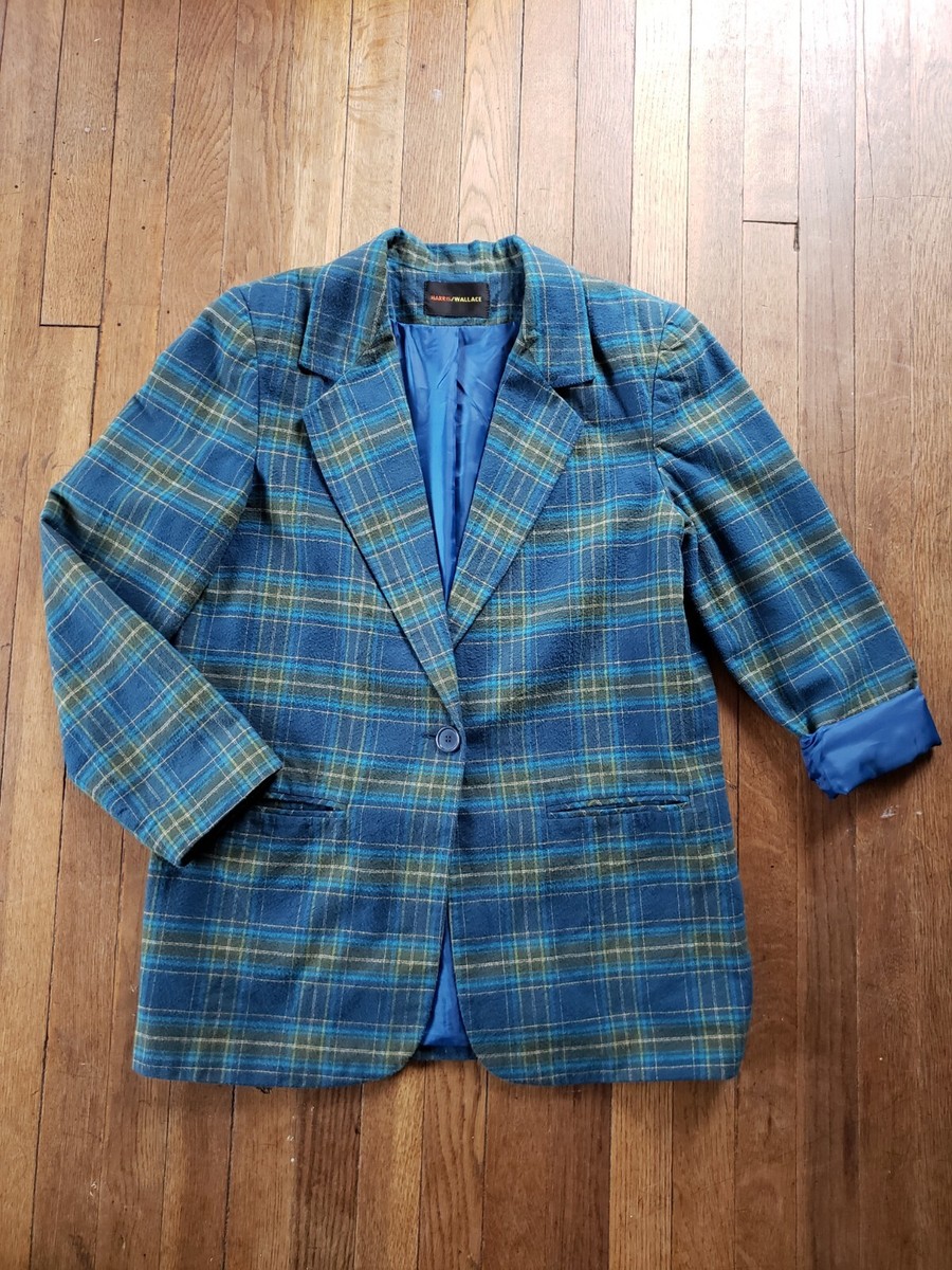 Vintage 90s Plaid Cotton Flannel Blazer Jacket Suit Top Harris/Wallace Sz 10