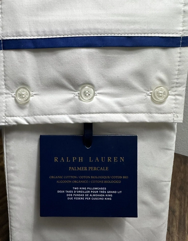 Ralph Lauren Palmer Percale Organic King Pillowcases $140 Harbor Blue White  - Image 3 of 4