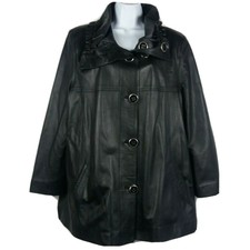 Nb Nappa Leather Jacket Coat Black Soft Buttons Ruched Collar Womens Size 22