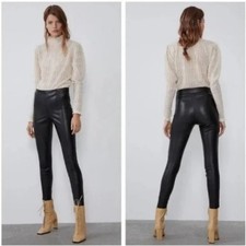 Zara Basic Black Mid Rise Vegan Leather Skinny Moto Leggings