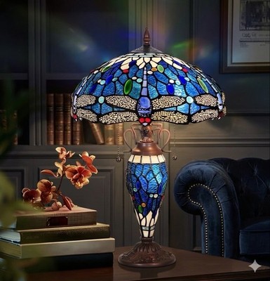 24  Blue Dragonfly Stained Glass Stained Night Light Retro Desk Lamps