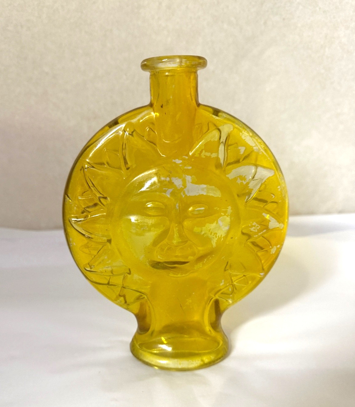 Vintage 70's Yellow Sun Face Glass Bottle Bud Vase No Cork R